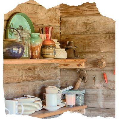 Rustic shelving with dishes