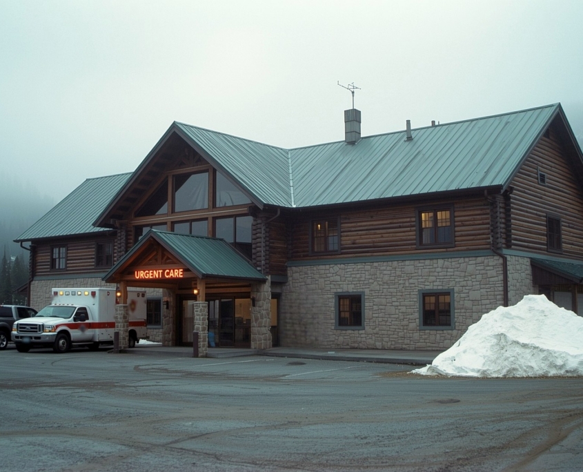 Rural urgent care clinic in a snowy mountain setting on an overcast early-winter day